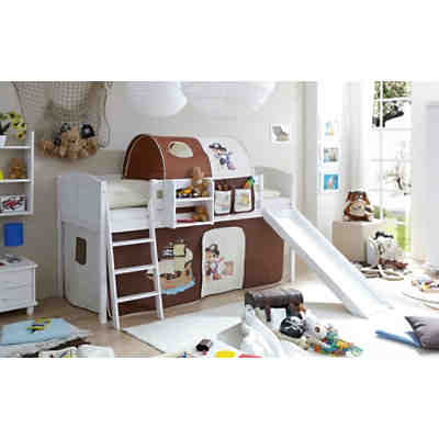 Spielbett Ekki Country, Kiefer massiv, weiß lackiert, Pirat braun-beige, 90 x 200 cm