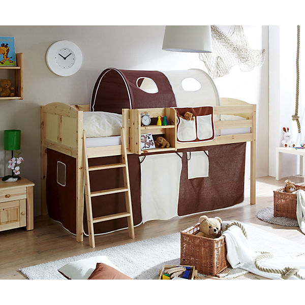 Hochbett Eric Country, Kiefer massiv, natur lackiert, braun-beige, 90 x 200 cm