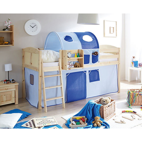 Hochbett Eric Country, Kiefer massiv, natur lackiert, hellblau-dunkelblau, 90 x 200 cm