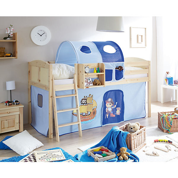 Hochbett Eric Country, Kiefer massiv, natur lackiert, Pirat, hellblau-dunkelblau, 90 x 200 cm