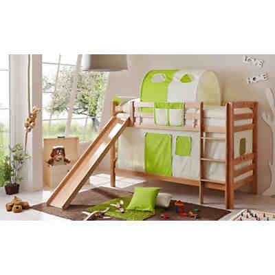 Spielbett Lupo, Buche massiv, natur lackiert, beige-grün, 90 x 200 cm