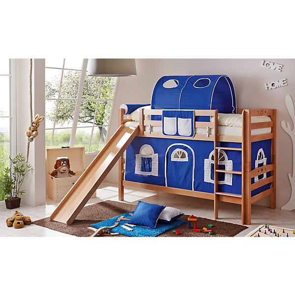 Spielbett Lupo, Buche massiv, natur lackiert, blau-weiß, 90 x 200 cm