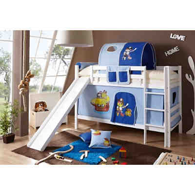 Spielbett Lupo, Buche massiv, weiß lackiert, Pirat, hellblau-dunkelblau, 90 x 200 cm
