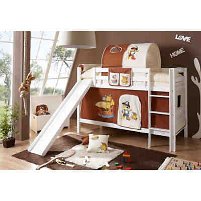 Spielbett Lupo, Buche massiv, weiß lackiert, Pirat, braun-beige, 90 x 200 cm