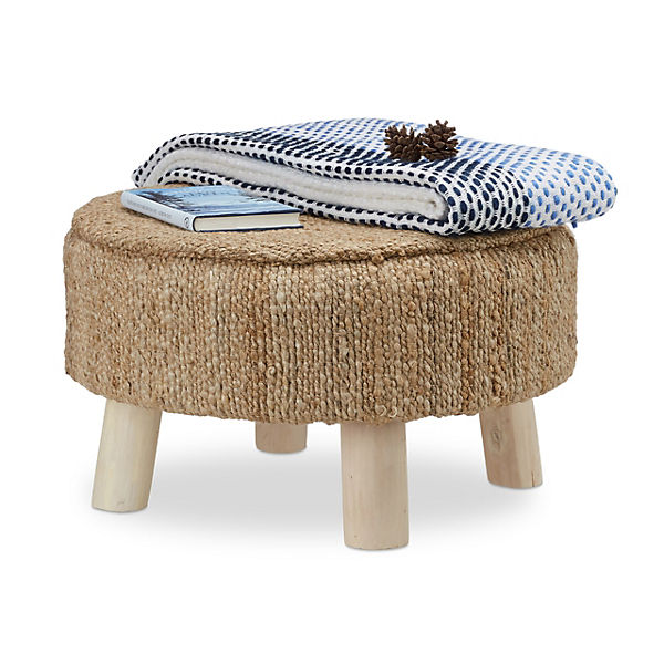 Hocker rund mit Jutebezug und Holzbeinen