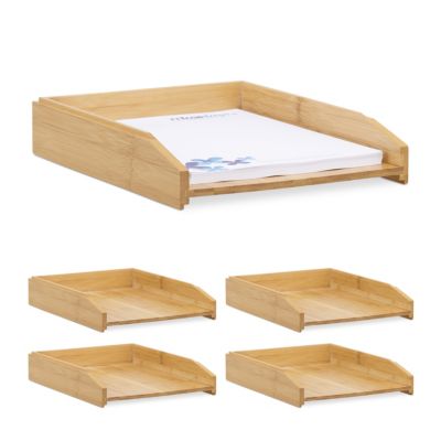 5 x Dokumentenablage stapelbar Bambus Büroablage Briefablage