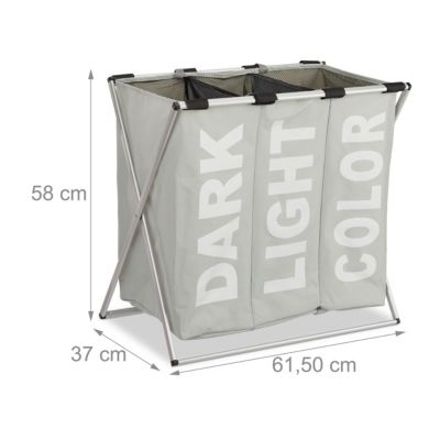 Wäschesortierer mit 3 Fächern, H 58 x B 61,5 x T 37 cm, grau, relaxdays