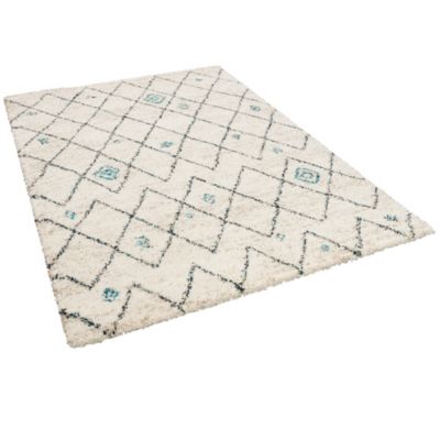 Hochflor Langflor Shaggy Teppich Boho Wollweiss Rauten Turkis