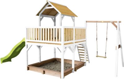 Atka Spielturm mit Einzelschaukel Braun/Weiß - Lindgrüne Rutsche, braun