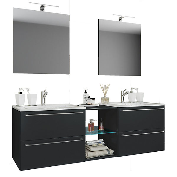 Doppel - Waschplatz Waschtisch Waschbecken Unterschrank "Badinos XL", Variante Spiegel