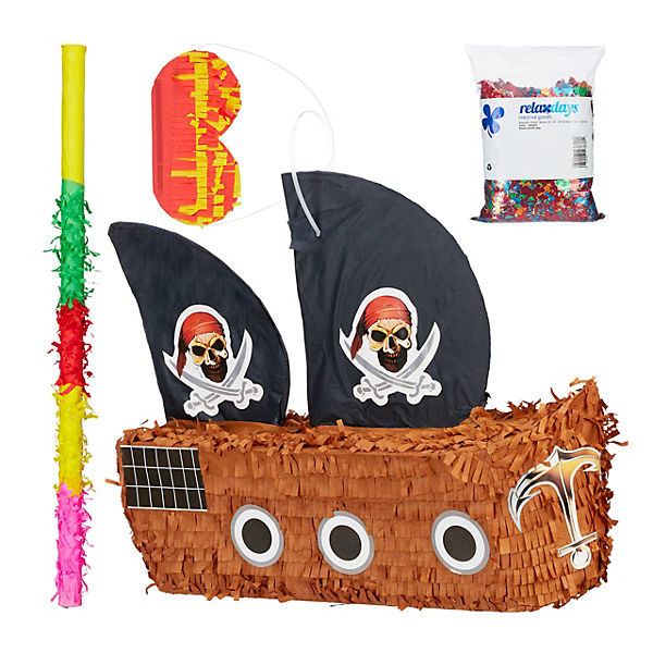 4 tlg. Pinata Set Piratenschiff, Riesen Metallic Konfetti bunt, Maske und Stock
