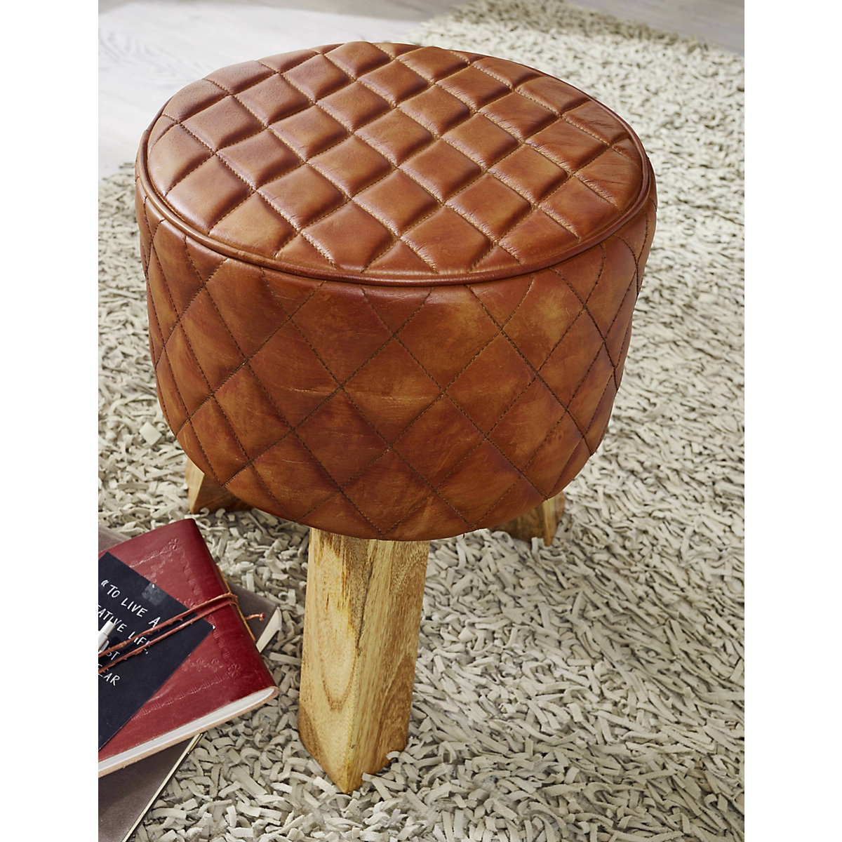 Sitzhocker Echtleder 35x46x35 cm Fußhocker Rund Lederhocker Modern