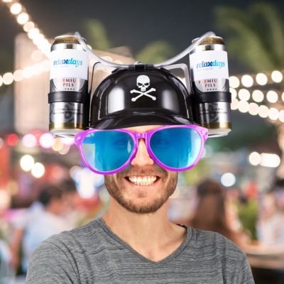 Spaßhelm schwarz Helm Totenkopf für 2 Bierdosen Bierhut Trinkhelm Pirat 