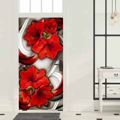 artgeist Türtapete Photo wallpaper – Abstraction and red flowers I mehrfarbig Gr. 90 x 210 | 05902157054330