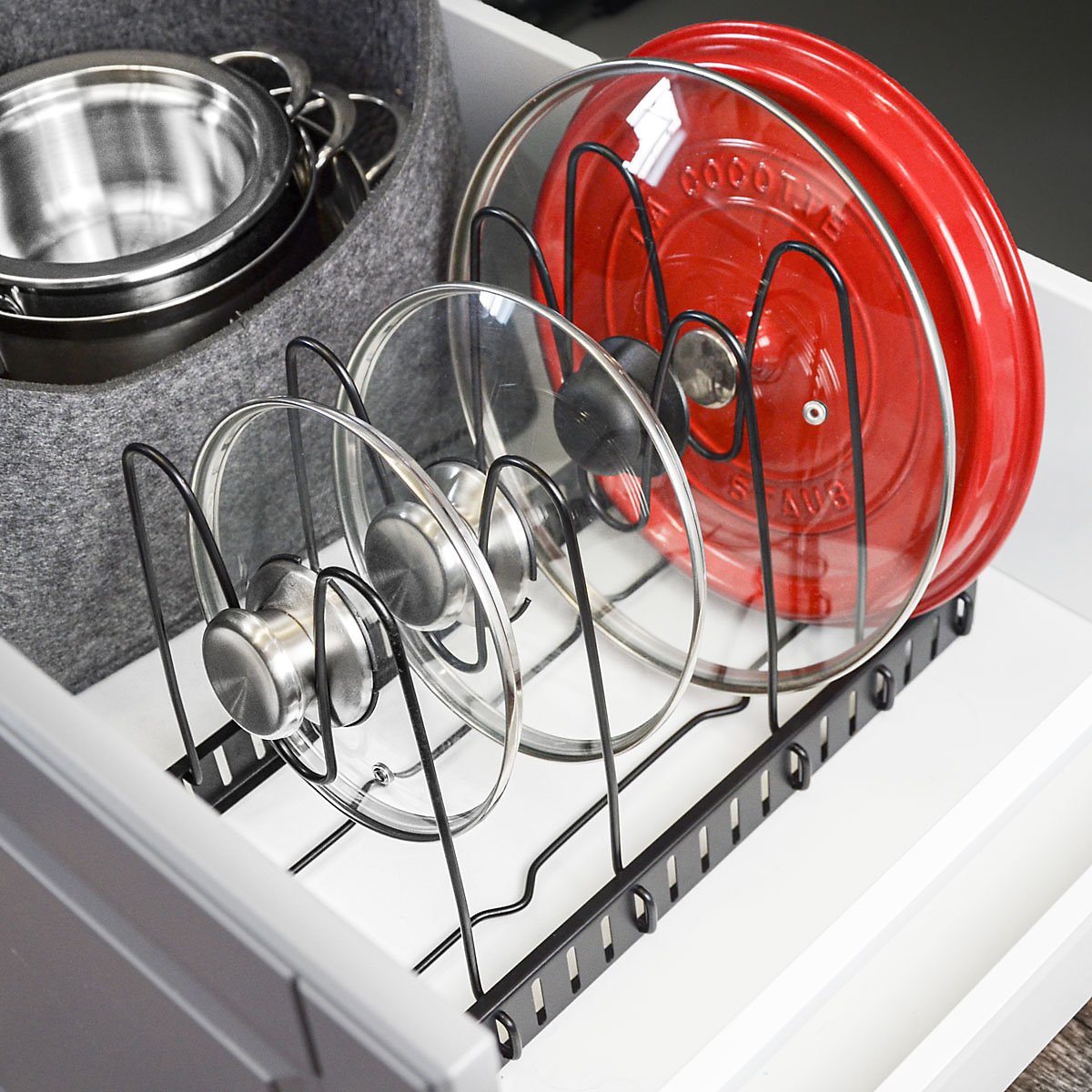 Pfannen Organizer mit 5 Ablagen Topfdeckel Aufbewahrung, schwarz