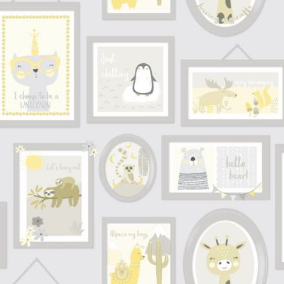 Papiertapete Animal Frames Yellow / Grey, 10 m x 53 cm, grau, Holden