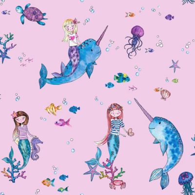 Papiertapete Narwhals and Mermaids Pink, 10 m x 53 cm, pink, Holden