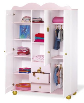 Kleiderschrank PRINZESSIN KAROLIN, 3-türig, Fichte massiv/Weiß-Rosa