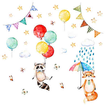 Wandtattoo 075 Wandtattoo Waschbär Fuchs Luftballon Regenschirm Wolken