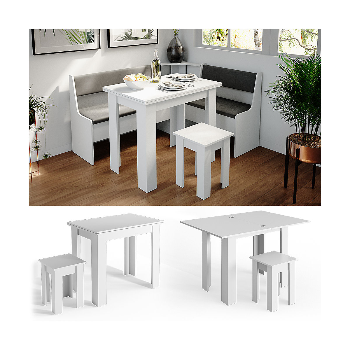 Küchentisch Roman weiß Esstisch 120x90cm Hocker Essgruppe