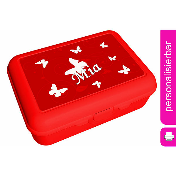 Brotdose mit Trennschale / Einsatz mit Name personalisiert Schmetterling Ornamente rot Spülmaschinenfest, Mit Deckel, BPA Frei, Erweiterbar, Leicht zu Säubern, mit Namen, Wiederverwendbar