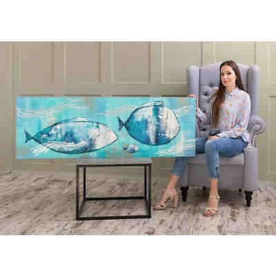 Gemälde Acryl "Reisende Fische" handgemalt auf Leinwand 150x50 cm