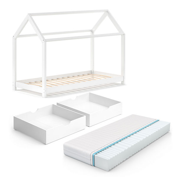 Kinderbett Wiki 90x200 Weiß mit Schubladen und Matratze