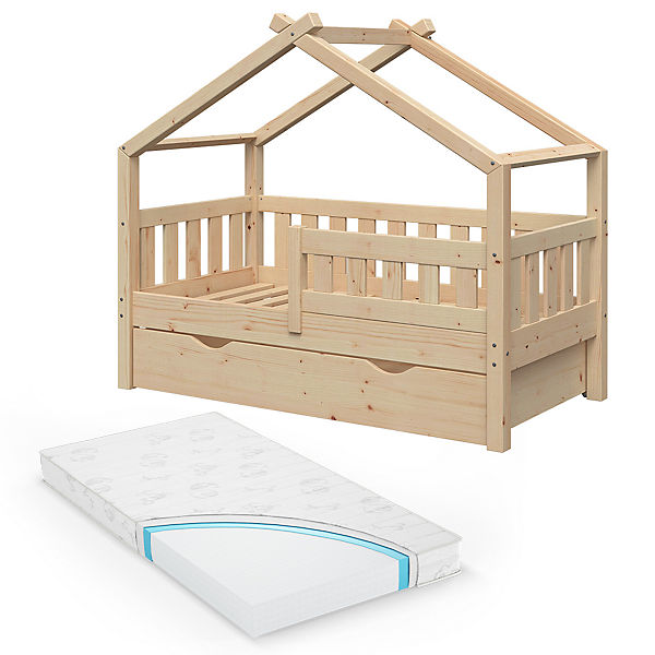 Design Kinderbett 140 x 70 cm Natur mit Bettschublade Lattenrost und Matratze