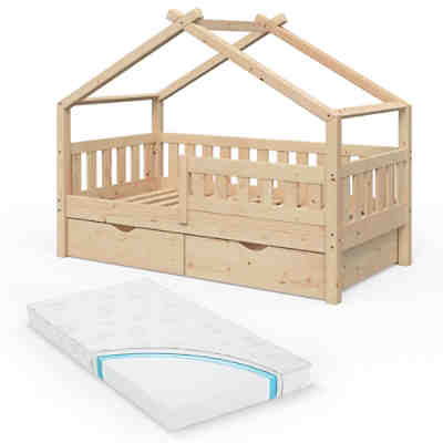 Design Kinderbett 160 x 80 cm Natur mit Schubladenset Lattenrost und Matratze