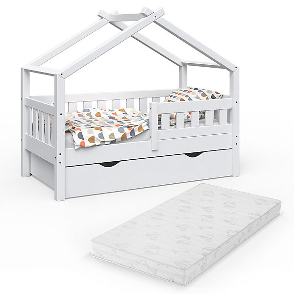 Design Kinderbett 140 x 70 cm Weiß mit Bettschublade Lattenrost und Matratze
