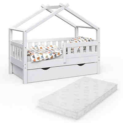 Design Kinderbett 140 x 70 cm Weiß mit Bettschublade Lattenrost und Matratze