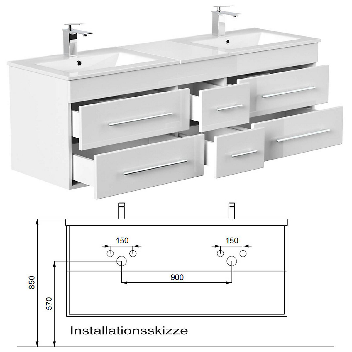 Badmöbel Set Hochglanz weiß NEWLAND-02 153cm Waschtisch, 2 Waschbecken