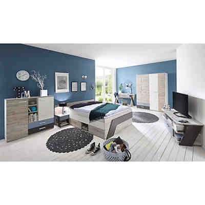 Jugendzimmer Set mit Bett 140x200 cm 5-teilig LEEDS-10 in Sandeiche Nachbildung mit weiß, Lava und Denim Blau