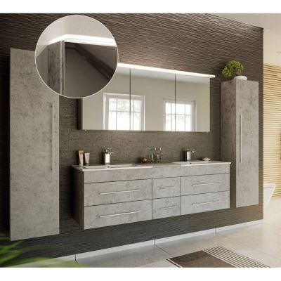 Badmöbel Set in Beton grau NEWLAND-02 Doppel-Waschtisch mit Unterschrank, LED-Spiegelschrank, 2 Hochschränke, B/H/T ca. 263/200/47 cm