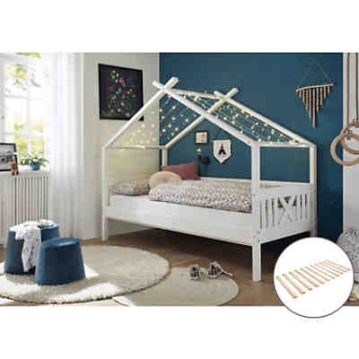 Hausbett Kinderbett Funktionsbett 90x200cm LUANA-78 aus Kiefer massiv in weiß, B/H/T: ca. 209/170/98 cm, mit Rollrost