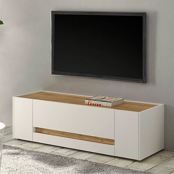 TV Lowboard Wohnbereich modern CRISP-61 in weiß mit Absetzungen in Wotan Eiche Nb., B/H/T: ca. 140/40/45 cm