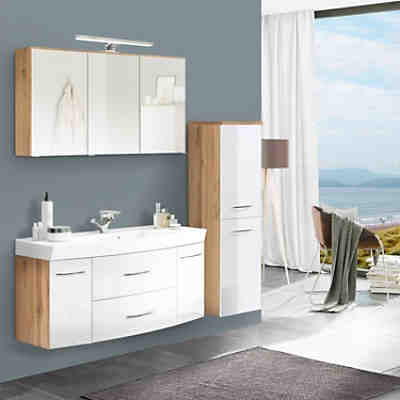Badezimmermöbel Waschplatz Set mit 120cm Waschtisch FLORIDO-03-OAK weiß Hochglanz mit Wotaneiche, B/H/T: ca. 180/200/47cm