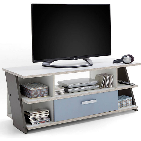 Jugendzimmer Fernsehschrank TV Lowboard LEEDS-10 Sandeiche Nb./weiß/Lava/Denim, B x H x T ca. 135 x 51,6 x 50 cm