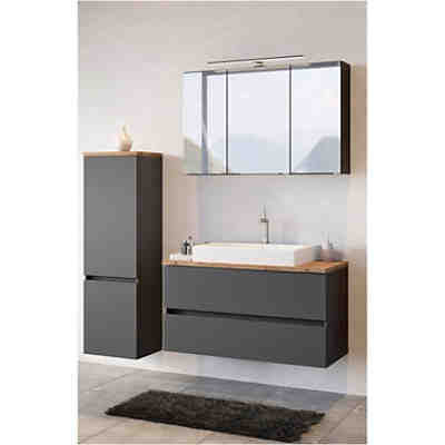 Badezimmer Kombination mit Waschbecken und Beleuchtung PESARO-03 in matt grau mit Absetzung in Wotaneiche Nb., B/H/T: ca. 160/200/48