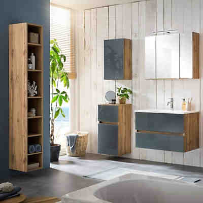 Badezimmer Set inklusive Waschbecken HEERLEN-03 in Wotaneiche Nb. mit Glasfronten grau, B/H/T: ca. 140/200/47 cm