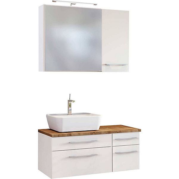 Badmöbel Set inkl. LED-Spiegelschrank 90 cm & Keramik Aufsatzwaschbecken Links TAREE-03 in matt weiß