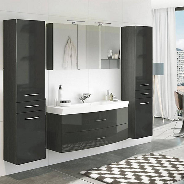 Badezimmer Komplett Set mit 2 Hochschränken FLORIDO-03 in Hochglanz grau B x H x T: ca. 230 x 200 x 47 cm