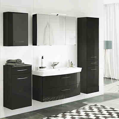 Badmöbel Set FLORIDO-03 Hochglanz grau, Waschtisch mit 2 Auszügen oder Türen, Spiegelschrank mit Aufbauleuchte, B x H x T: ca. 210 x 200 x 47 cm