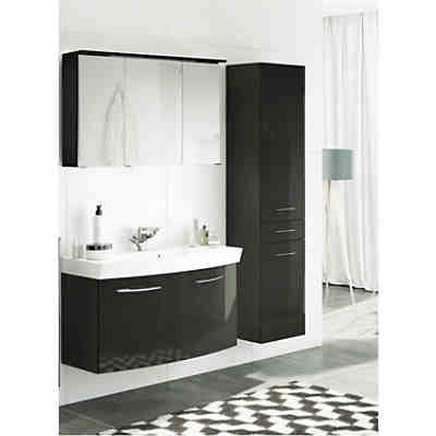 Badmöbel Set FLORIDO-03 Hochglanz grau, Waschtisch mit Auszügen oder Türen, Hochschrank, B x H x T: ca. 155 x 200 x 47 cm Waschtisch mit 2 Türen