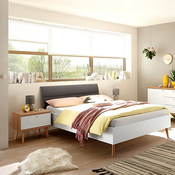 Einzelbett Jugendbett Set 140x200cm mit Nachttisch MAINZ-61 im Scandi-Look, weiß matt, grau und Eiche Riviera