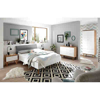 Komplettset Schlafzimmer Jugendzimmer MAINZ-61 in Eiche Riviera, weiß matt und grau, skandinavisches Design