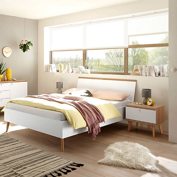 Jugendbett Set mit Nachttisch MAINZ-61 im skandinavischen Stil, weiß matt mit Eiche Riviera