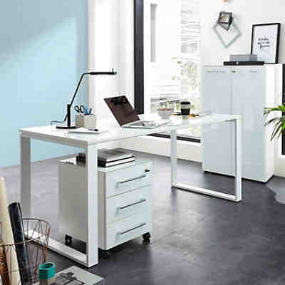 Büromöbel Schreibtisch Set weiß MONTERO-01 mit Glasfronten B x H x T ca.: 255 x 75 x 80 cm