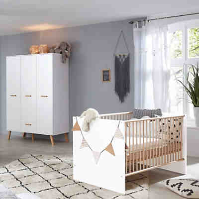 Babyzimmer Kombi mit Gitterbett und Schlupfsprossen MANISA-19 in Weiß mit Absetzungen in Buche massiv