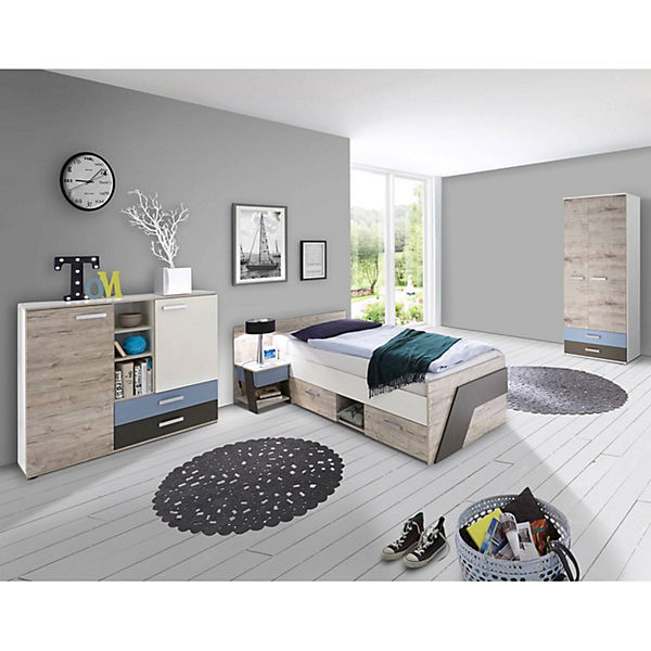 Jugendzimmer Set mit 90x200 cm Bett, 4-teilig mit Kleiderschrank LEEDS-10 in Sandeiche Nb. mit weiß, Lava und Denim Blau